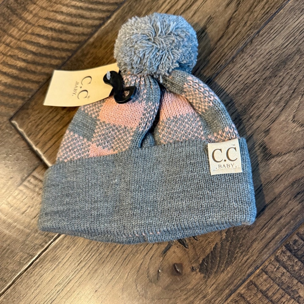 CC Baby NWT Beanie Hat Pink Grey Buffalo Plaid Knit Pom Cuffed Winter RN 88320